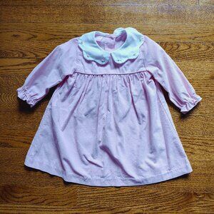 Pink Corduroy dress 18m Petit Bebe. White collar, rose detail, long sleeves.